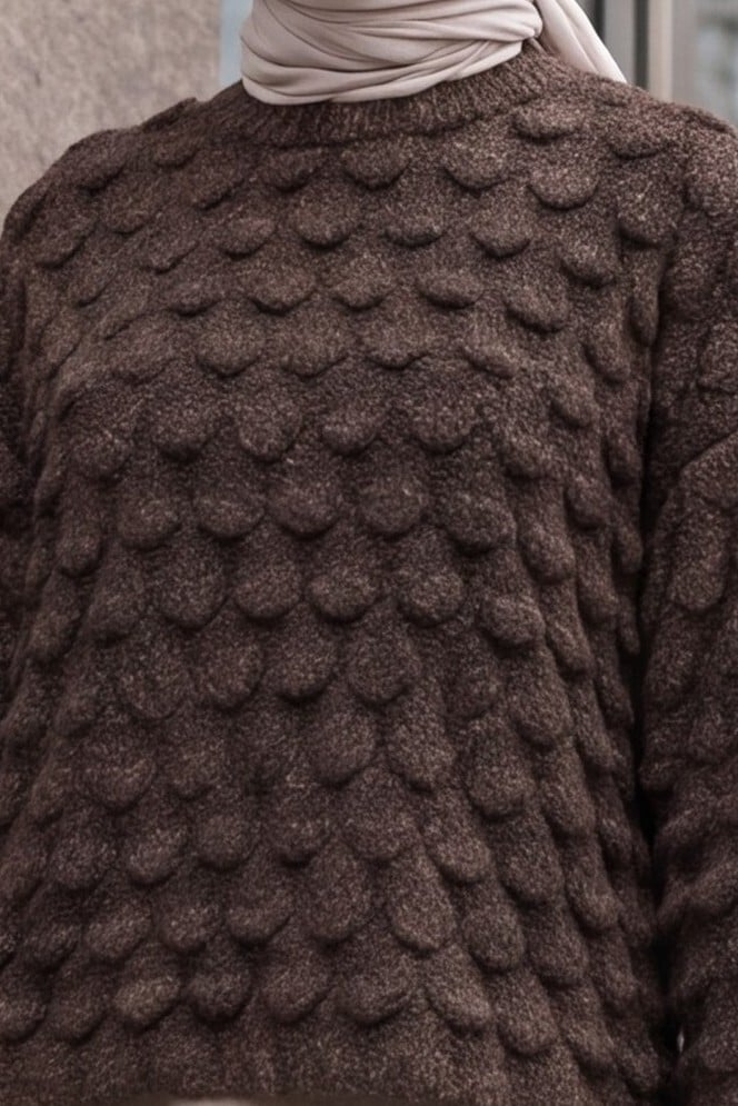 Crew Neck Fish Scale Pattern Oversized Knit Sweater - Brown - Podyumplus - by Peralane - photo 5