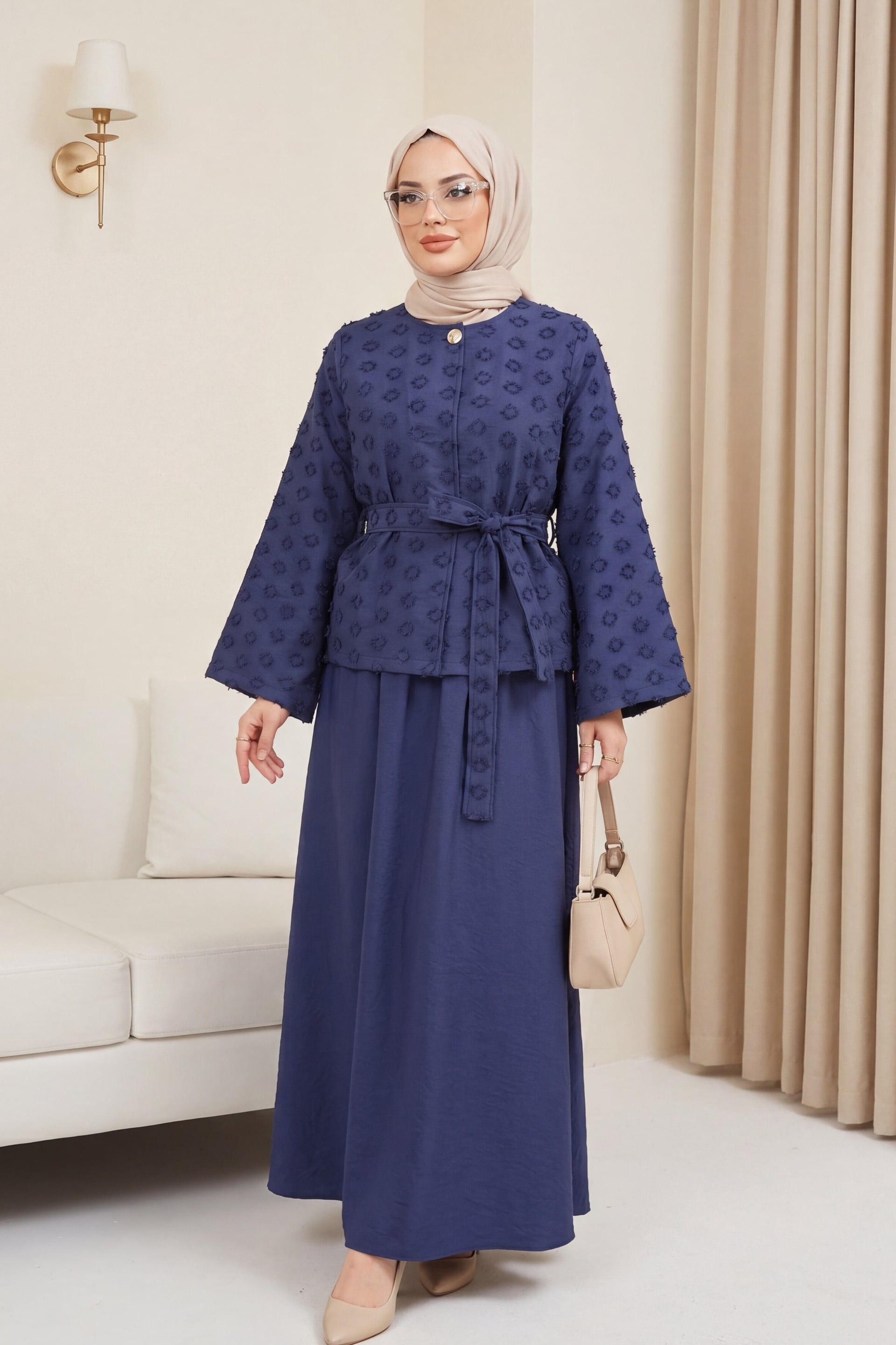 Single Button Belted Skirt Set with Pocket and Embossed Jacquard Pattern - Dark Navy - Podyumplus - by Peralane - photo 5
