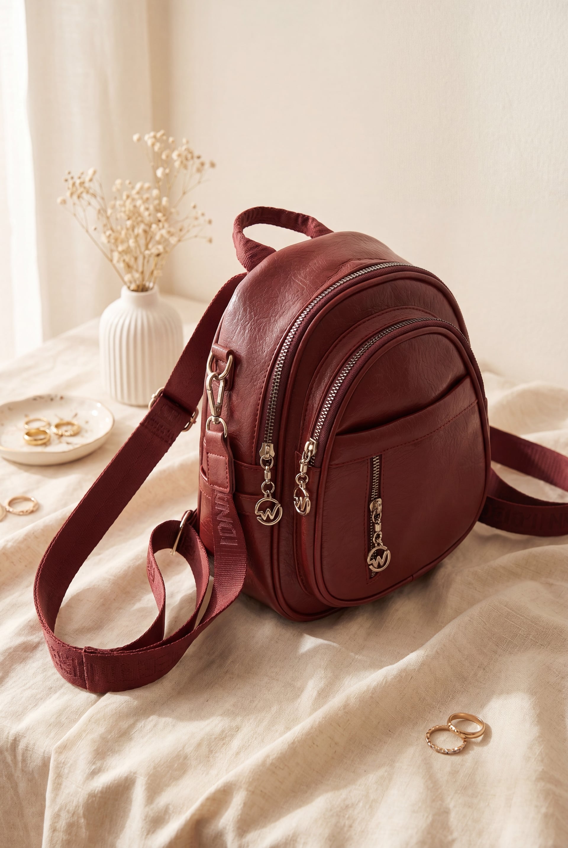 Oval Design Woven Strap Multi-Compartment Women's Backpack - Burgundy - Podyumplus - by Peralane