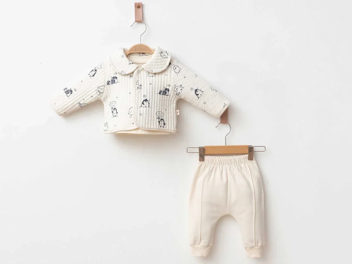 Quilted Baby Set with Penguin Print – Jacket and Trousers (6-18 Months) - Pookie - by Peralane