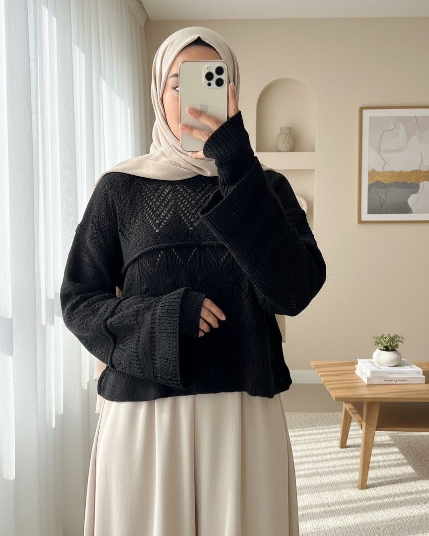 Black Openwork Pompom Sweater for Women - Podyumplus - by Peralane - photo 5