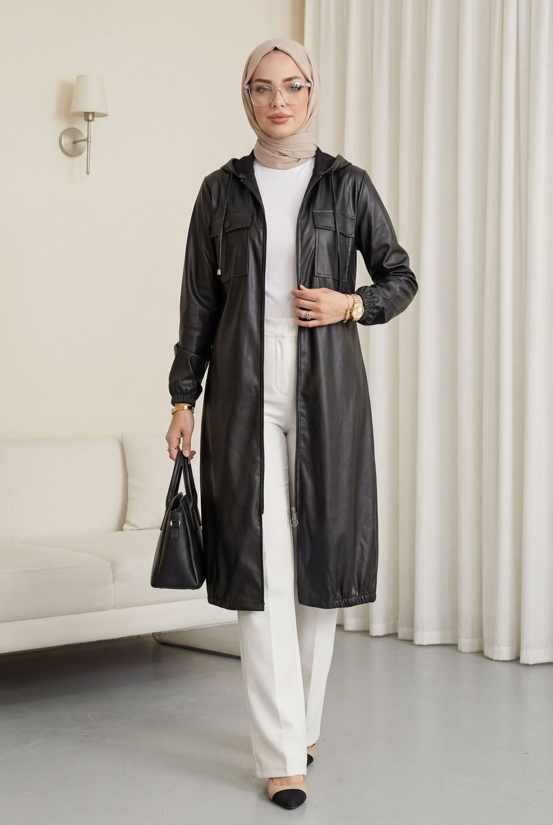 Black Faux Leather Hooded Jacket with Flap Pockets and Full Zip - Podyumplus - by Peralane
