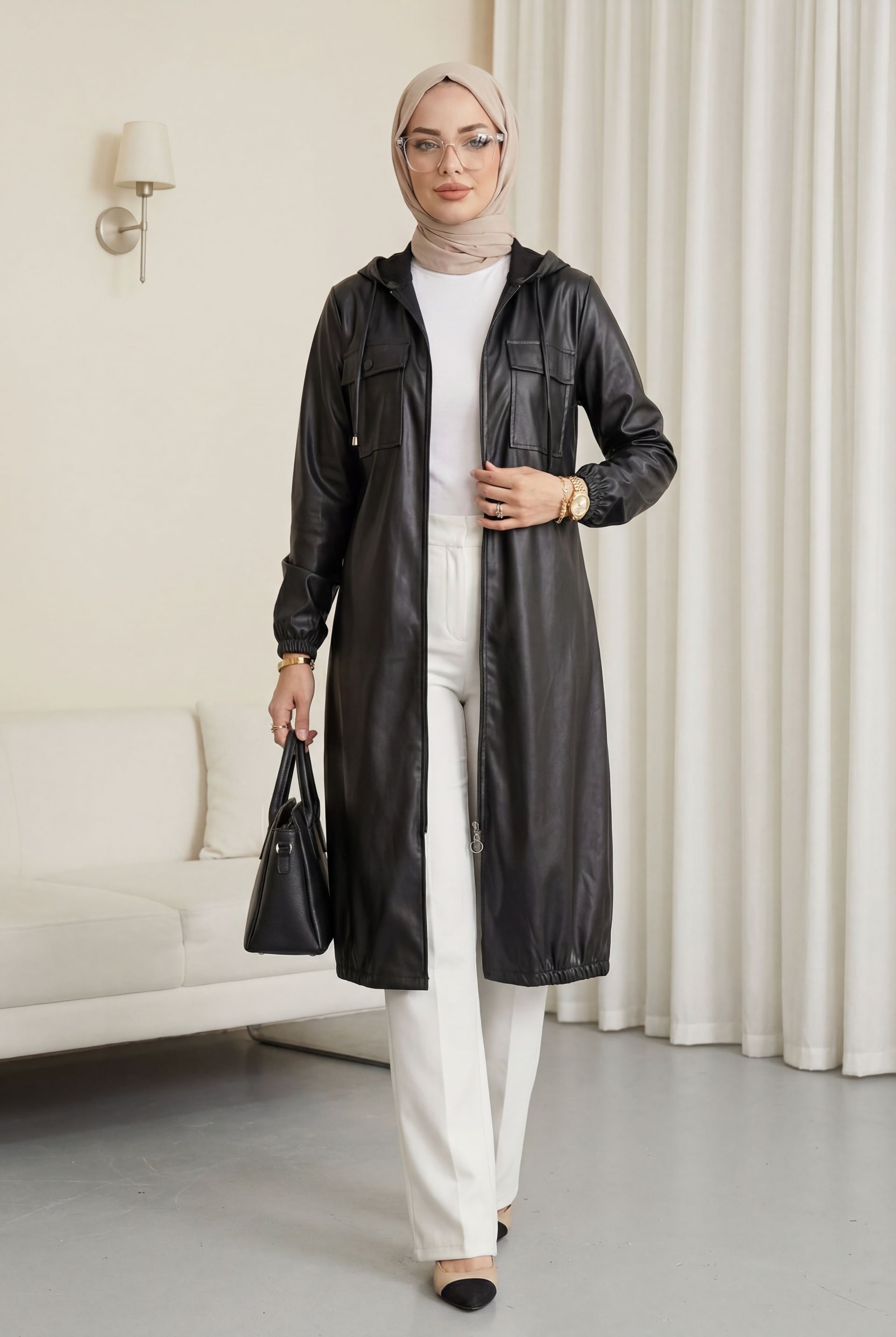 Black Faux Leather Hooded Jacket with Flap Pockets and Full Zip - Podyumplus - by Peralane