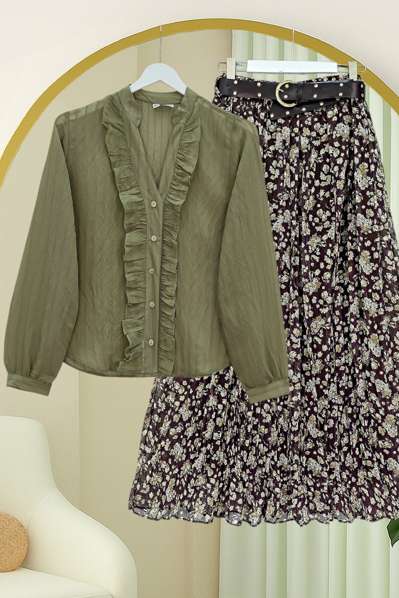 V-Neck Frilled Semi-Transparent Tencel Bouquet Blouse - Olive Green - Podyumplus - by Peralane - photo 3