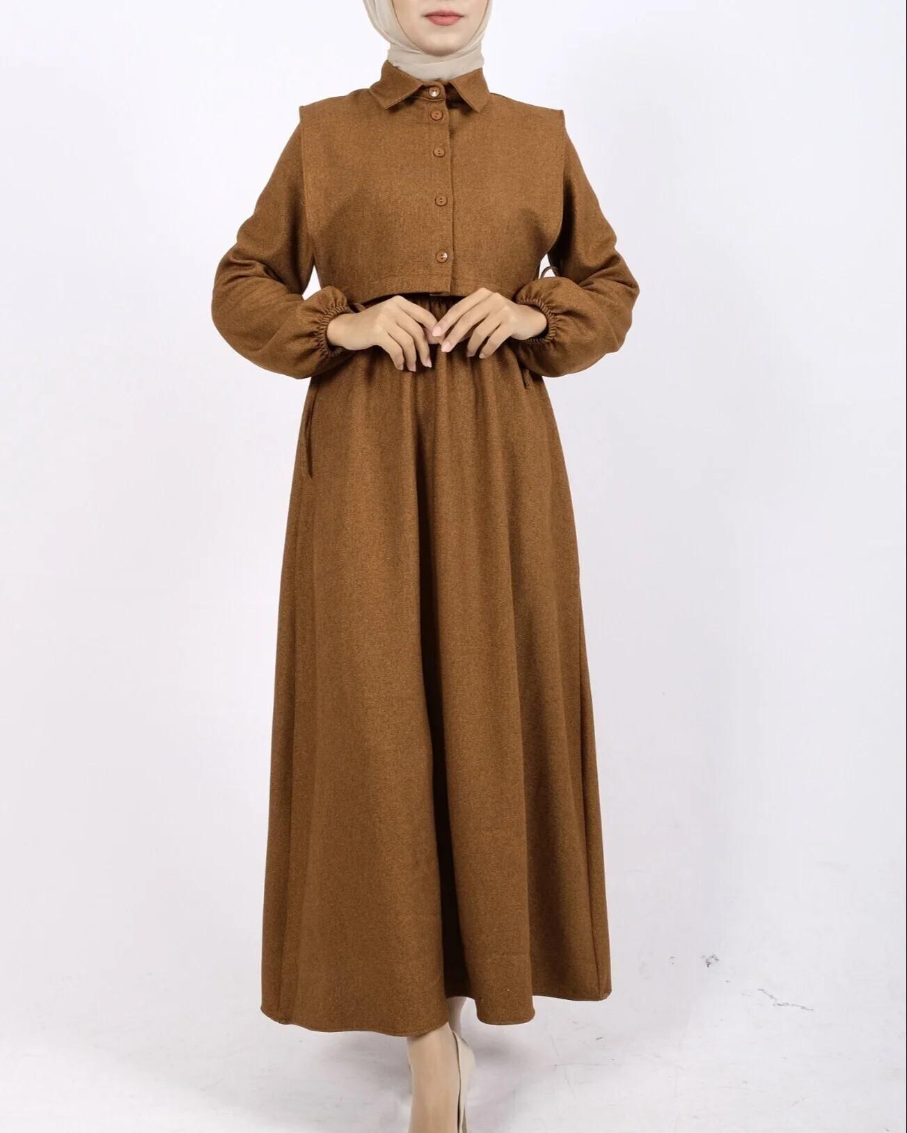 Women's Shirt Detail Elastic Waist and Sleeve Dress - Tan - Podyumplus - by Peralane - photo 3