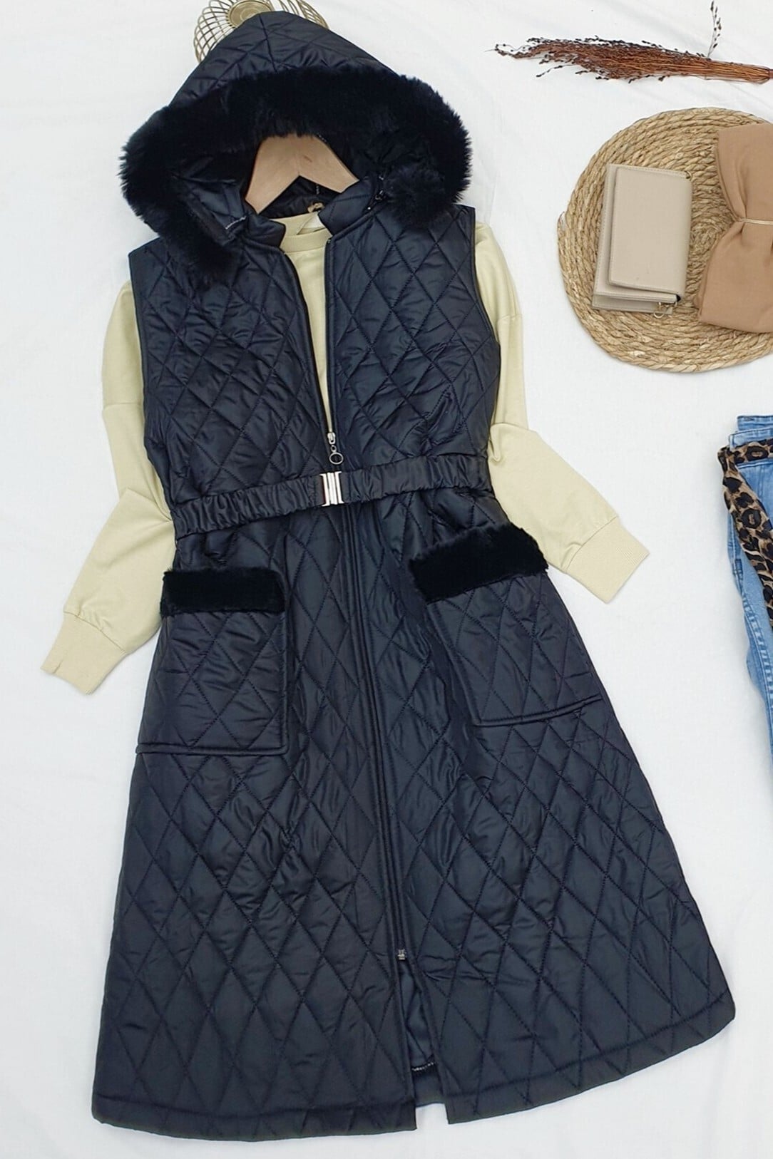 Quilted Vest with Removable Hood and Belt - Black - Podyumplus - by Peralane - photo 5
