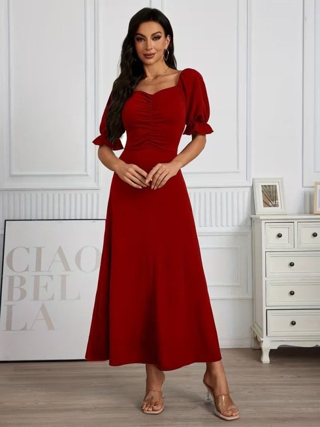 Women's Short-Sleeve V-Neck Long Crepe Dress with Front Gathers - Janes - by Peralane - photo 4