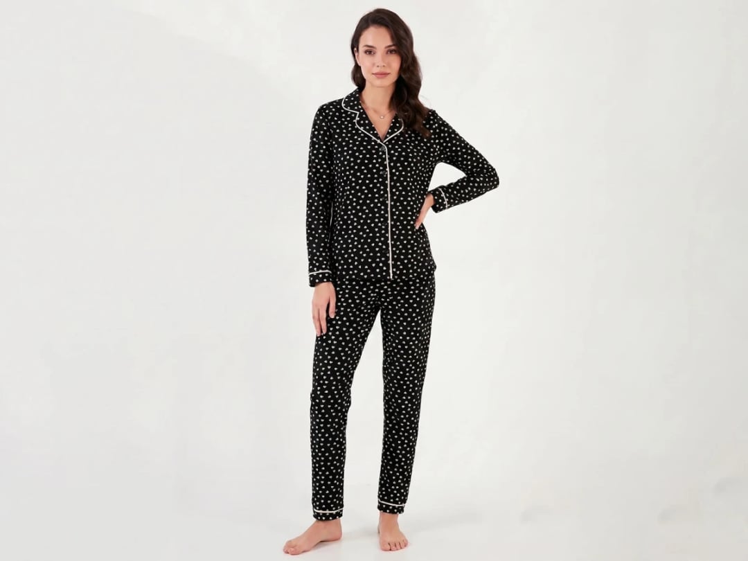 Heart Print Collared Button-Up Long-Sleeve Pajama Set - Dolas - by Peralane