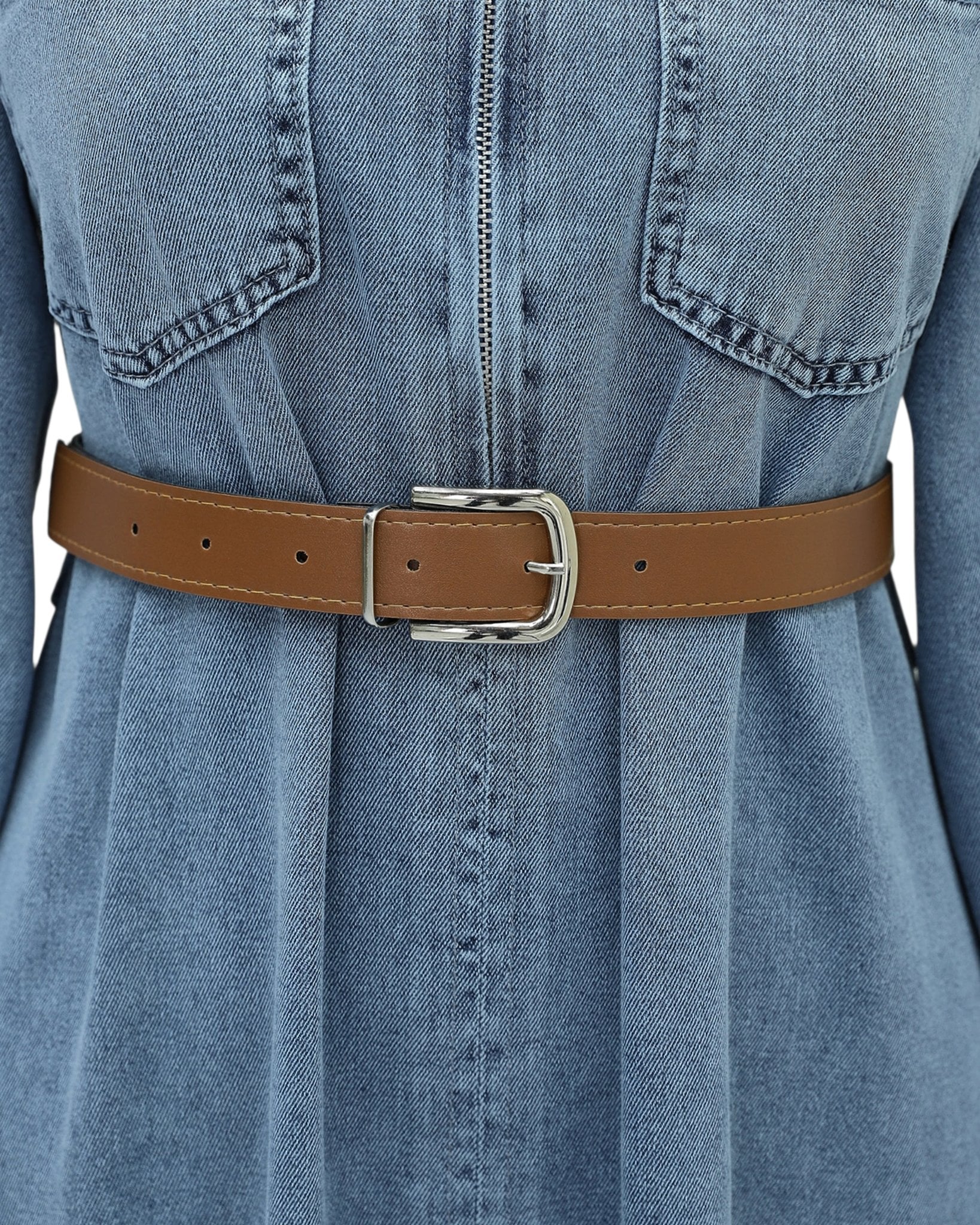 Bebe Collar Half Zip Pearl Detail Belted Denim Dress - Ice Blue - Podyumplus - by Peralane - photo 8