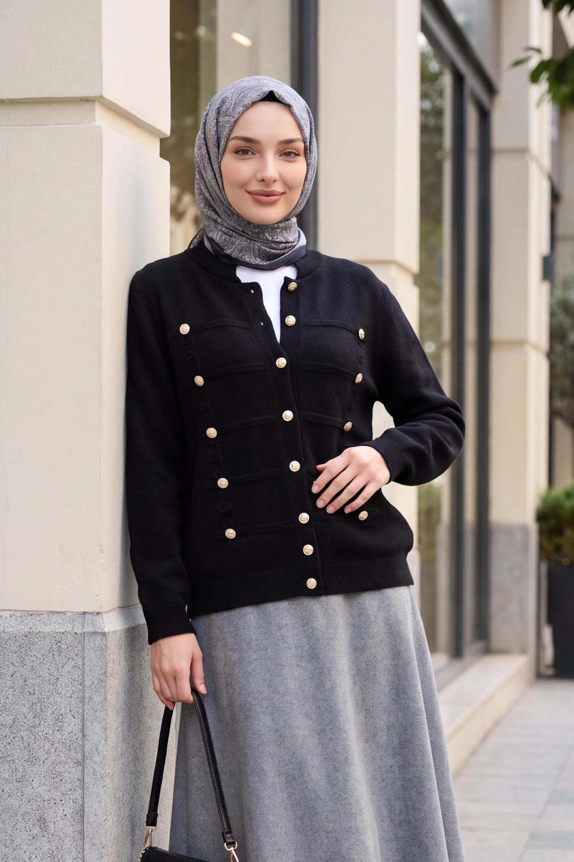 Black Multi-Button Polo Collar Soft Knit Cardigan - Podyumplus - by Peralane - photo 2
