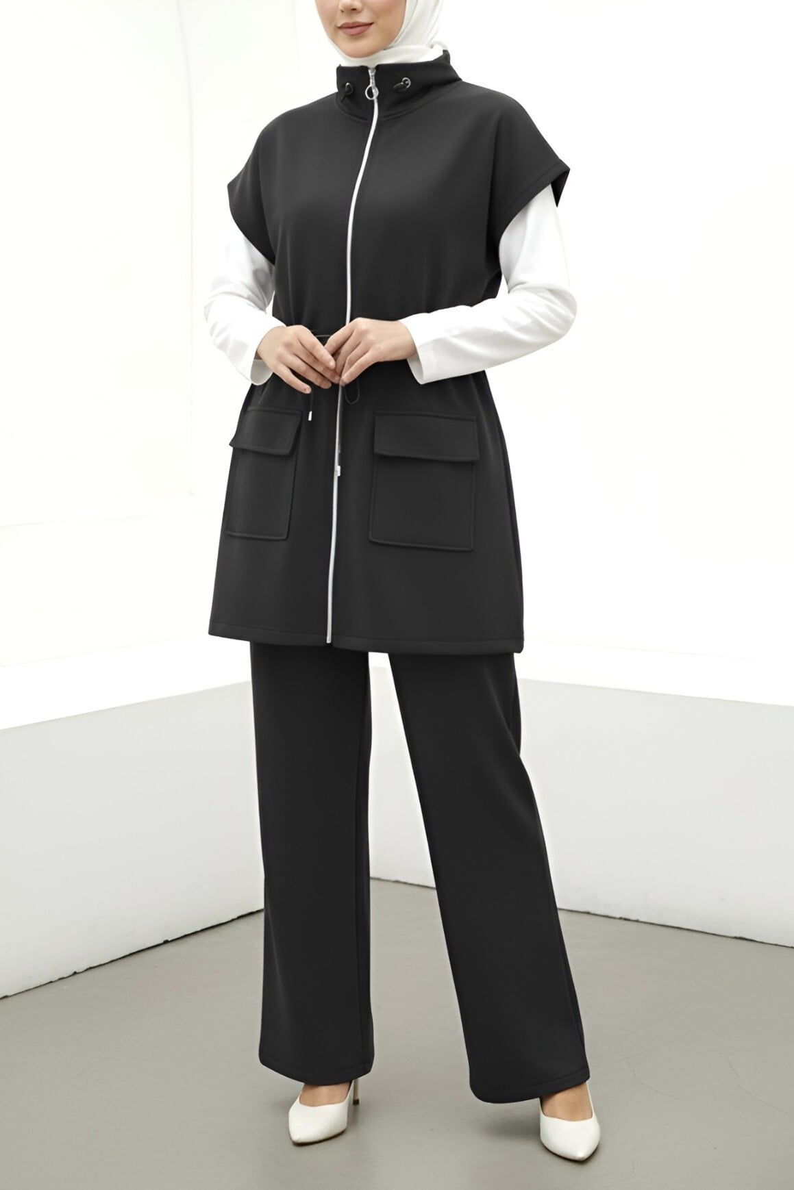 Black Sleeveless Hooded Vest and Long-Sleeve Shirt Set - Podyumplus - by Peralane - photo 3