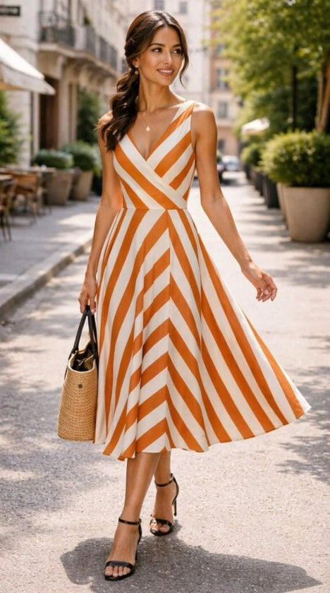 Women's Sleeveless V-Neck Wrap Midi Dress with Orange and White Stripes - Janes - by Peralane - photo 2