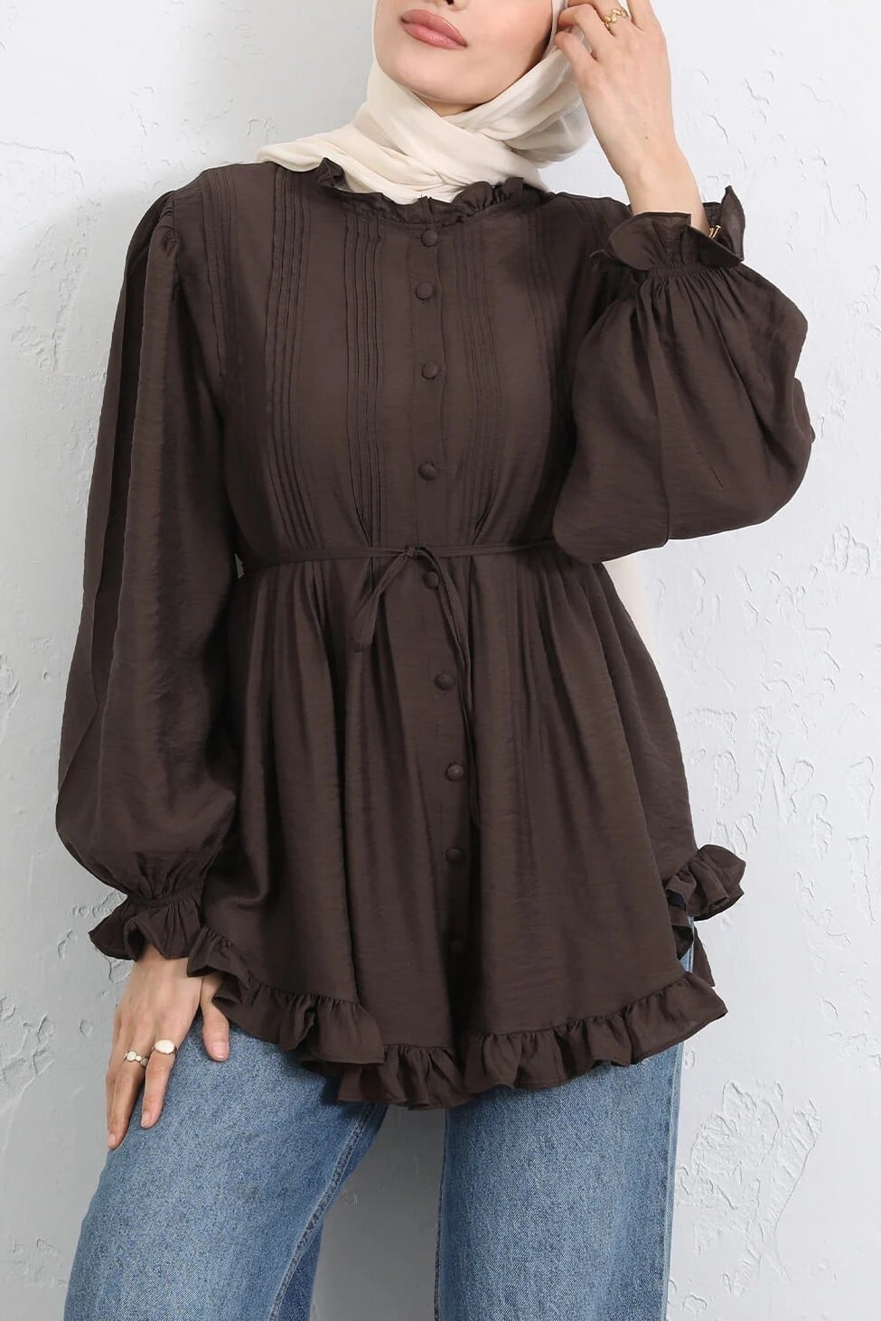 Ruffled Sleeve Lace-Up Ribbed Cupro Tunic - Dark Brown - Podyumplus - by Peralane - photo 6