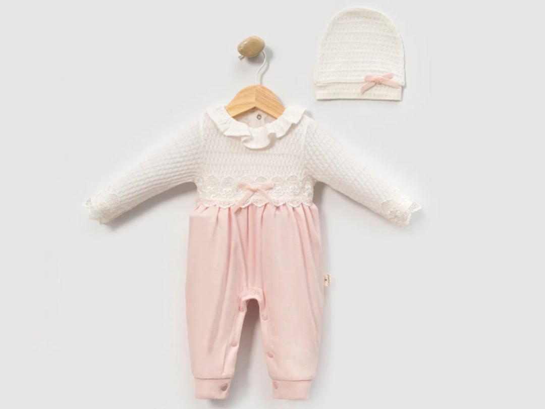 Girls' Lace-Trimmed Romper and Hat Set - Pink - Cayzen - by Peralane