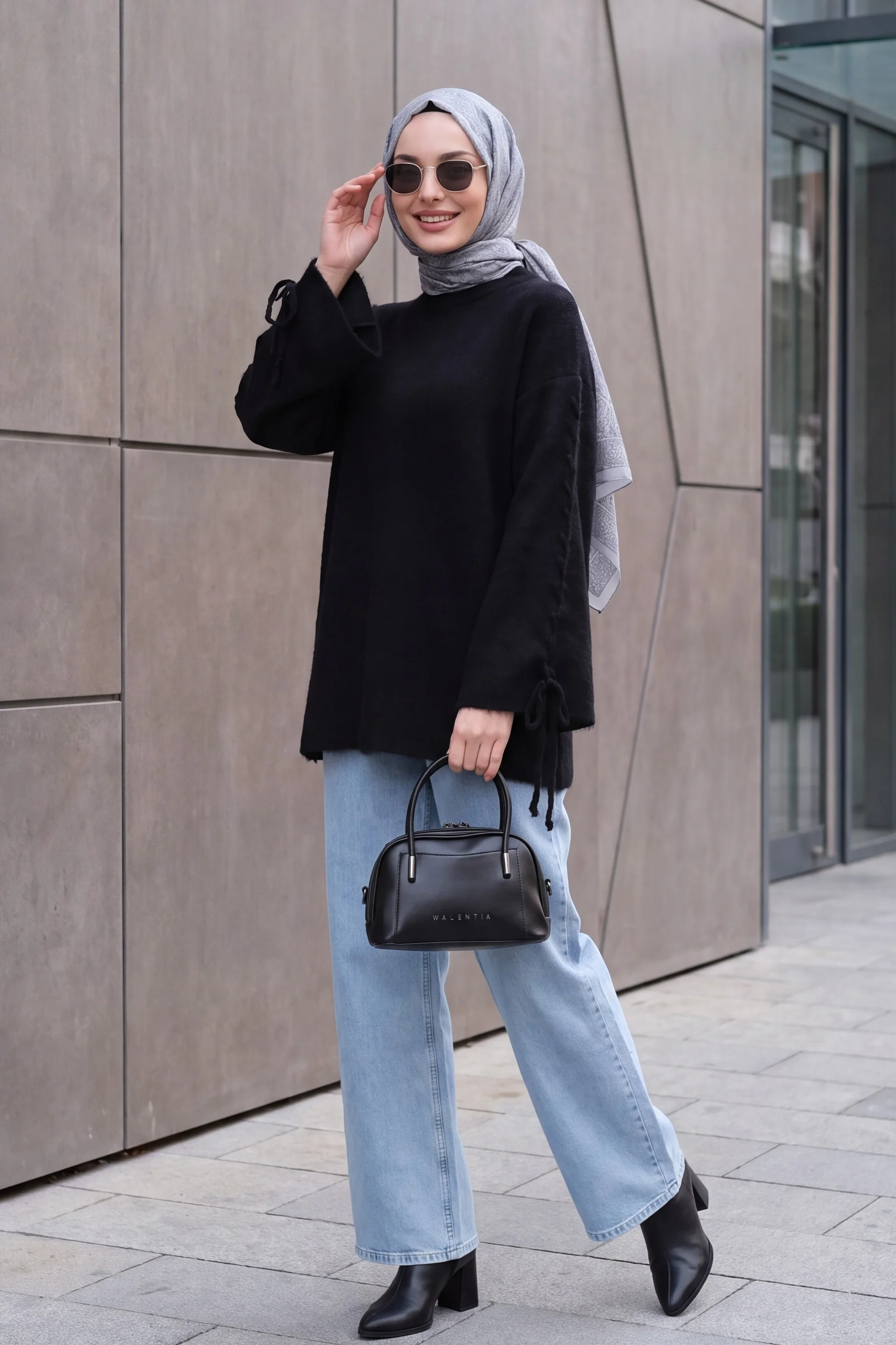 Women's Black Crew Neck Braided Sleeve Textured Knit Tunic - Podyumplus - by Peralane - photo 3