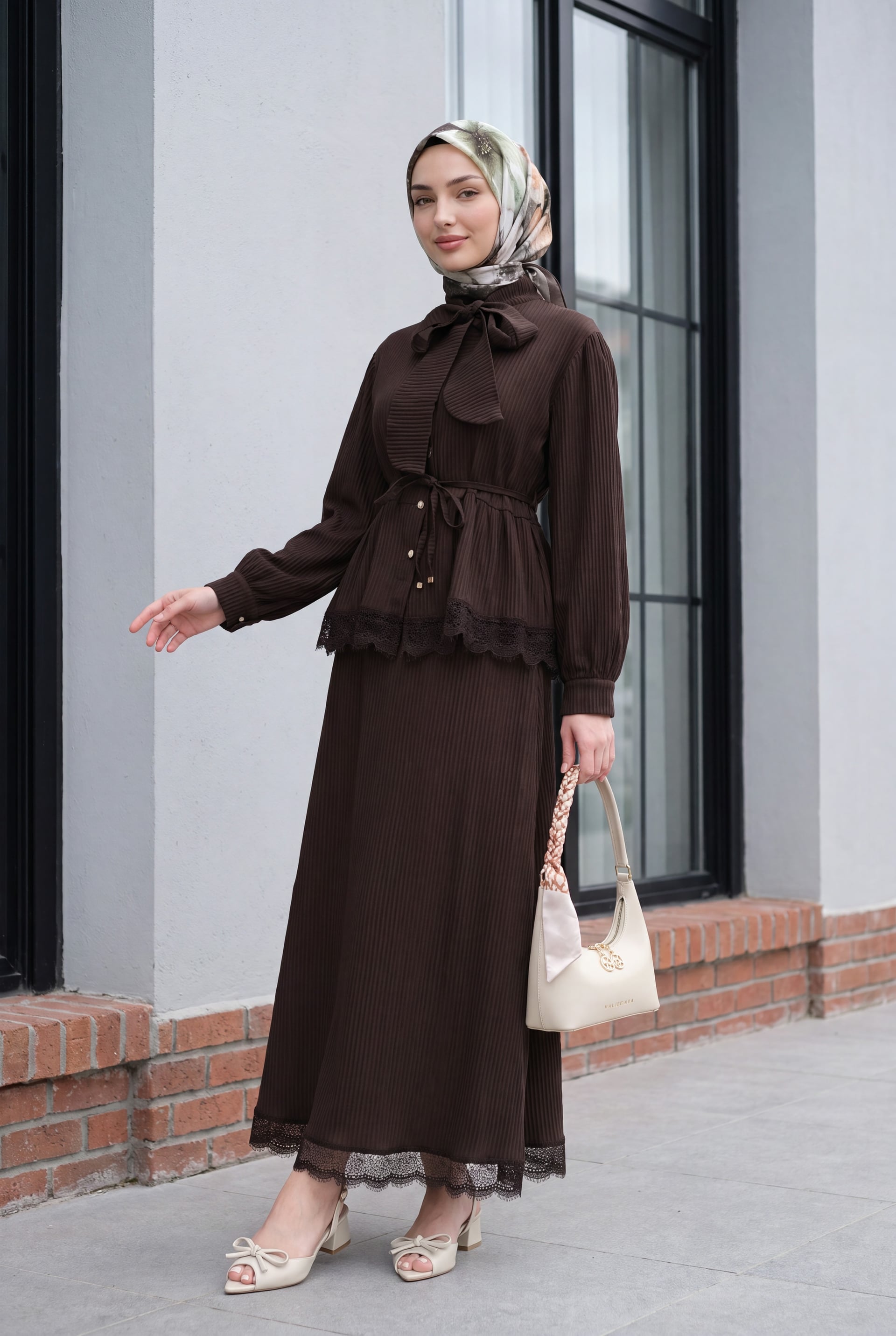 Pussy-Bow Tie-Waist Top and Lace-Trim Pleated Maxi Skirt Two-Piece Set - Brown - Podyumplus - by Peralane