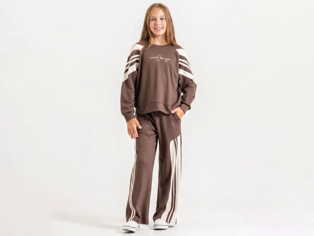 Girls' Striped Print Tracksuit Set - Brown - ÖZ Bebe - by Peralane