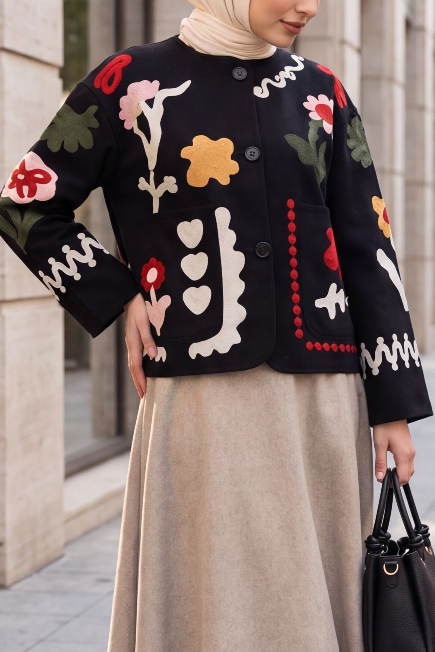 Women's Black Gabardine Jacket with Embroidered Floral Appliqué and Front Button Closure - Podyumplus - by Peralane - photo 2