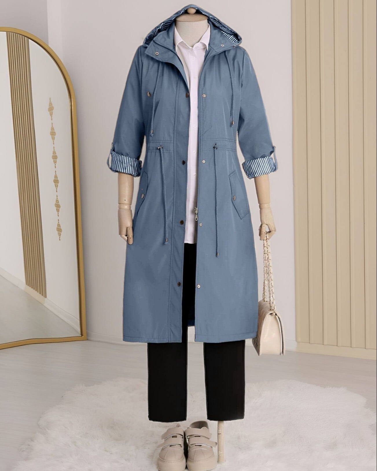 Striped Lined Hooded Trench Coat in Indigo - Podyumplus - by Peralane - photo 9