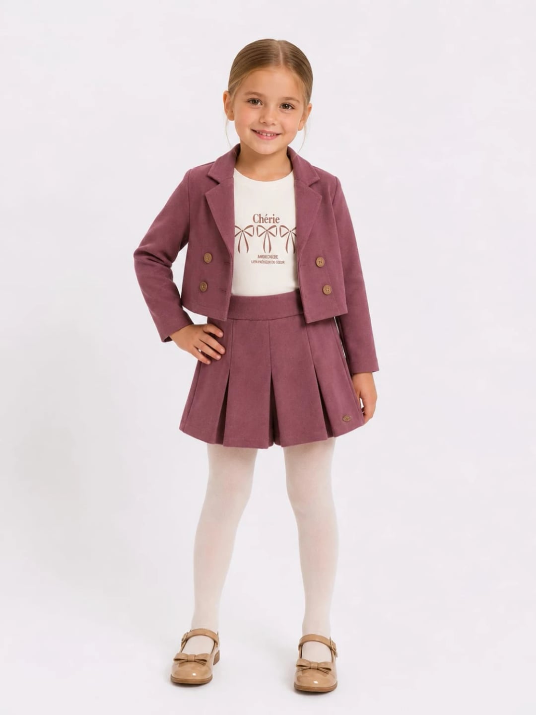 Three-Piece Girls' Suit with Suede Jacket, Pleated Skirt, and T-Shirt - Cherry - Serkon Baby - by Peralane