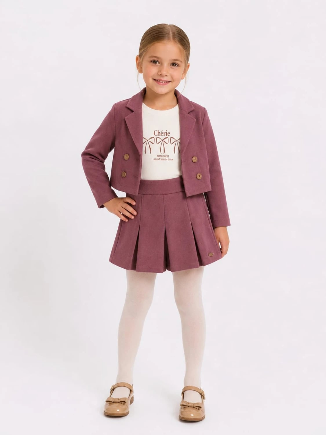Three-Piece Girls' Suit with Suede Jacket, Pleated Skirt, and T-Shirt - Cherry - Serkon Baby - by Peralane