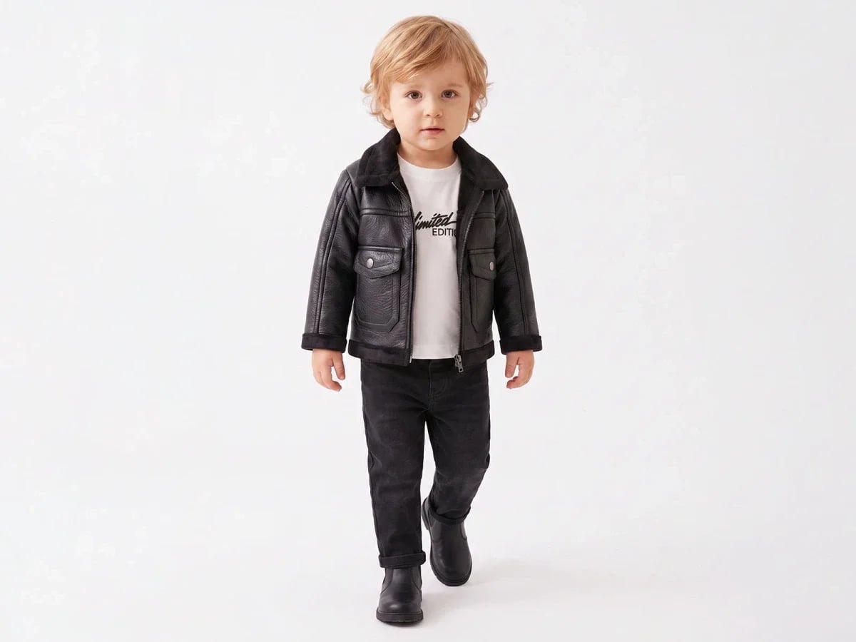 Boys' Faux Leather Jacket Set with T-Shirt and Trousers - Ruhat Kids - by Peralane