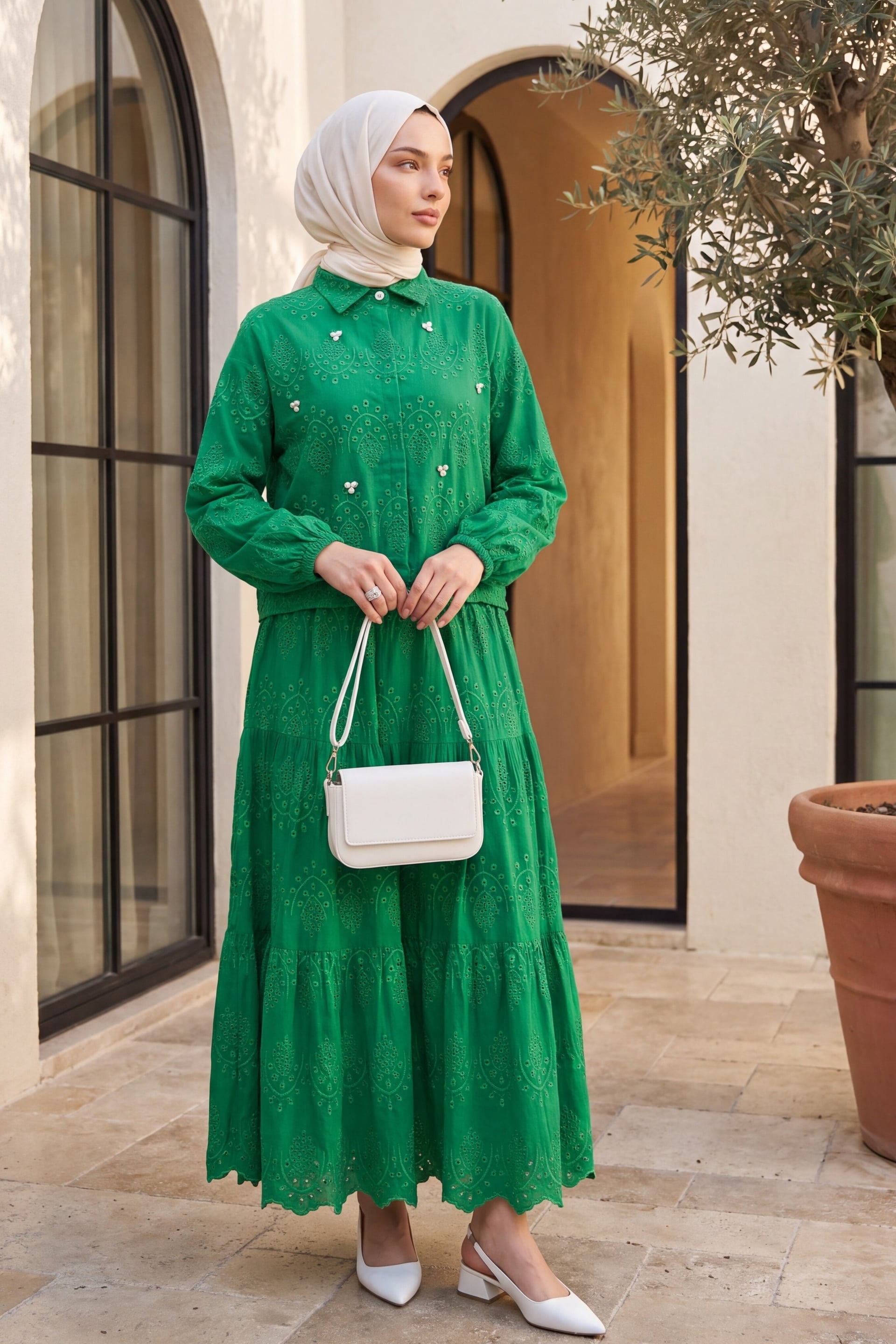 Green Broderie Anglaise Two-Piece Set with Blouse and Midi Skirt - Podyumplus - by Peralane - photo 2