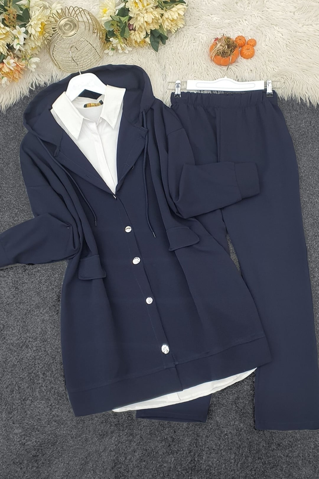 Navy Blue Hooded Zip-Up Two-Piece Set with Pants - Podyumplus - by Peralane - photo 2