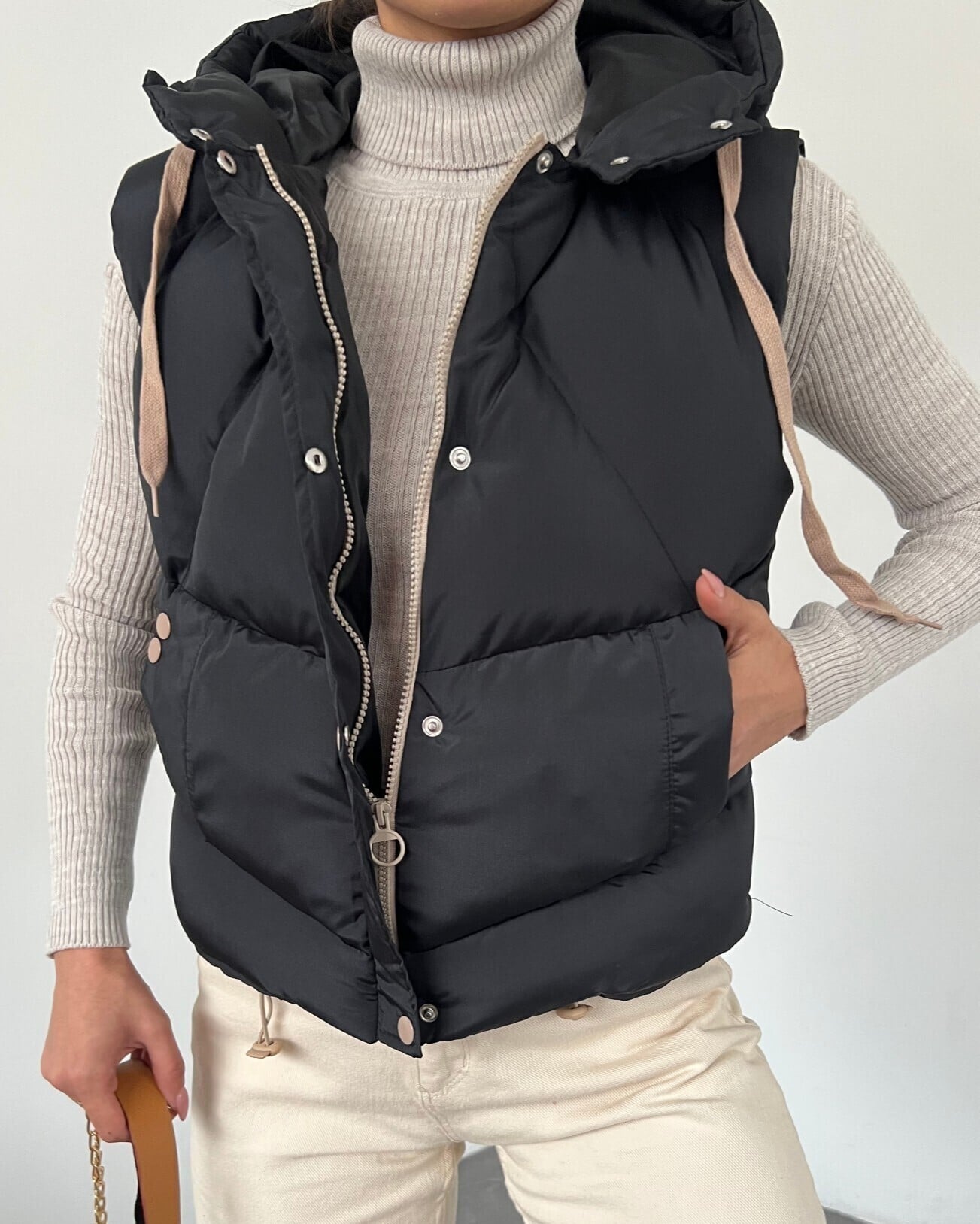 Black Quilted Zip-Up Puffer Vest with Hood for Women - Podyumplus - by Peralane