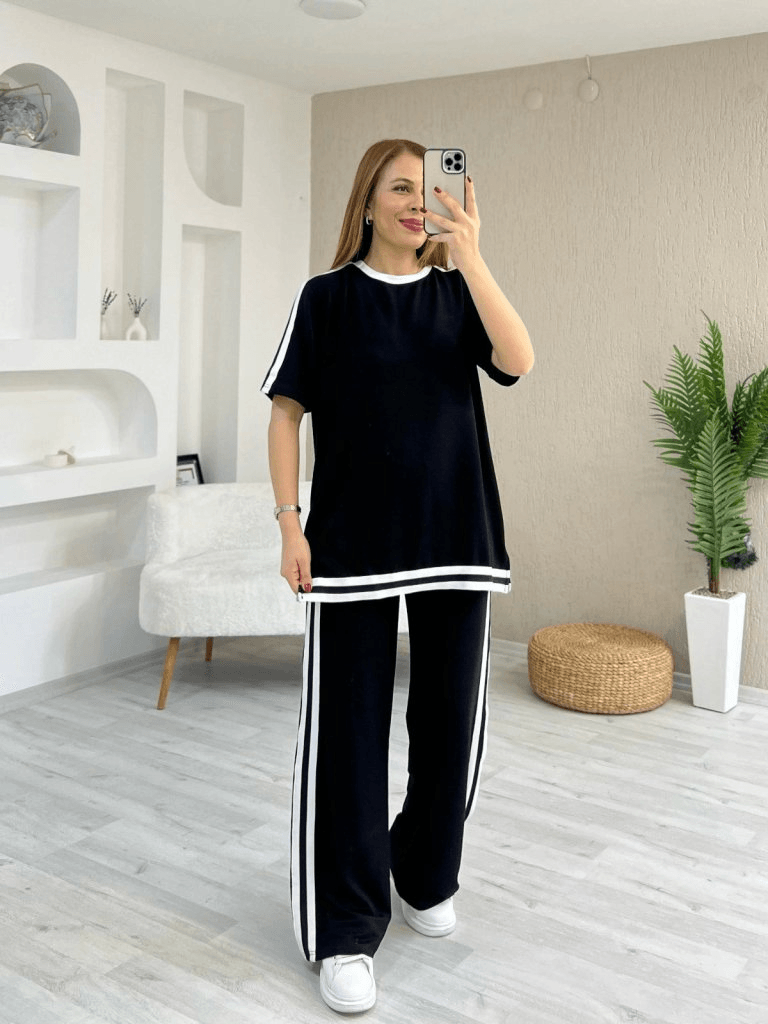 Women's Short Sleeve Crew Neck Two-Tone Stripe Detail Viscose Two-Thread Blouse and Trousers Set - Janes - by Peralane - photo 11