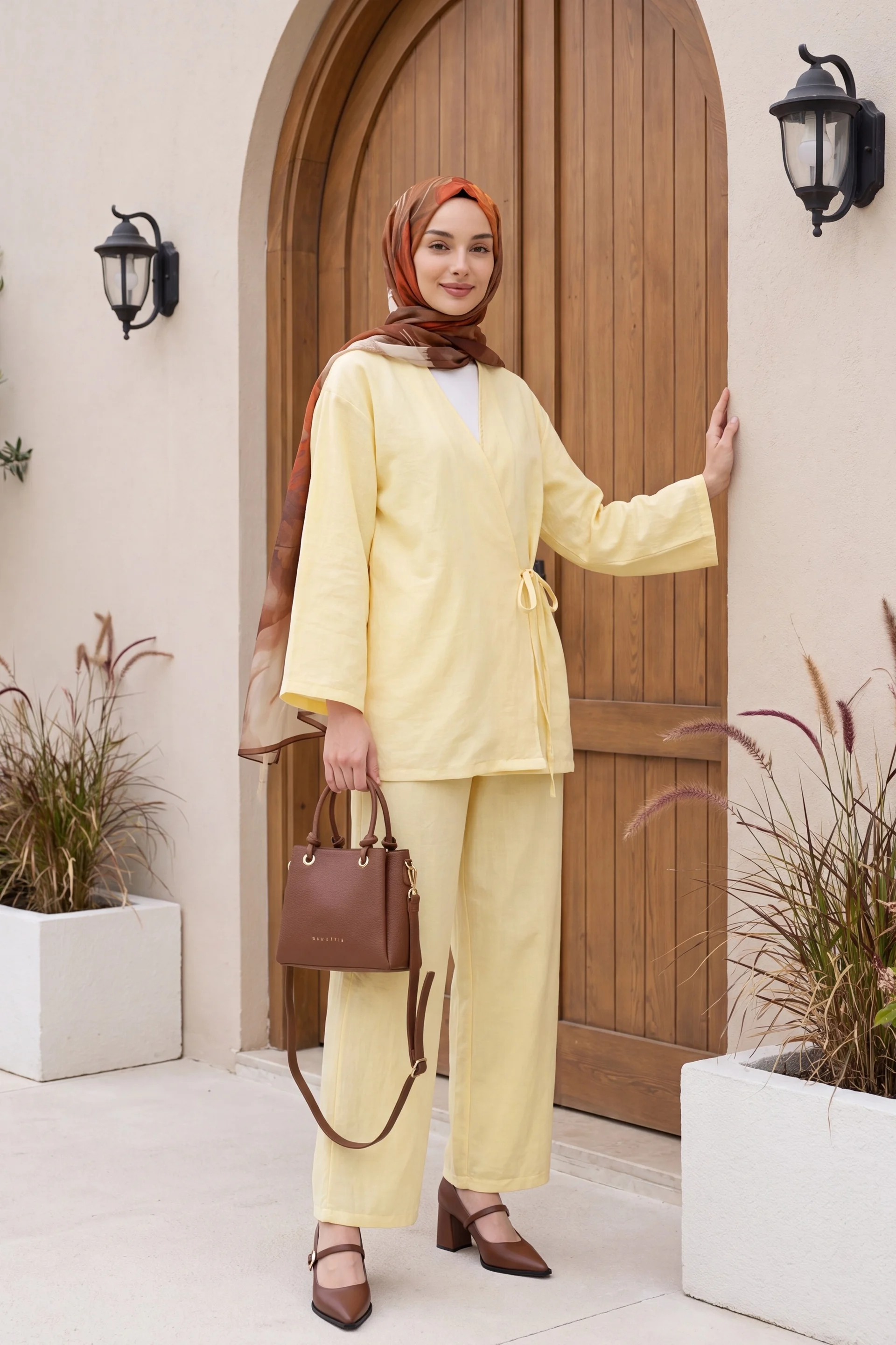 Front-Tie Kimono Set with Wide-Leg Trousers - Light Yellow - Podyumplus - by Peralane - photo 5