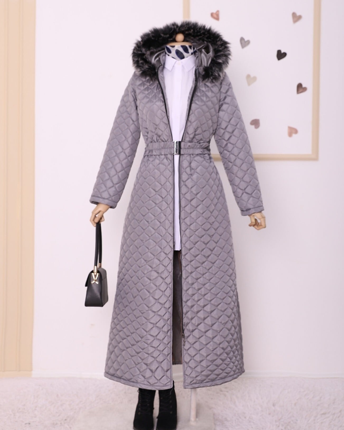 Long Quilted Coat with Belt, Hood and Faux Fur Trim - Grey - Podyumplus - by Peralane - photo 3