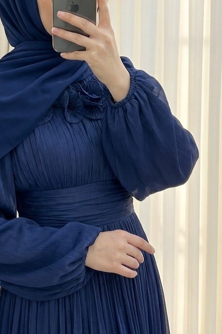 Navy Blue Pleated Evening Gown with Ruffles and Draped Waist - Podyumplus - by Peralane - photo 3
