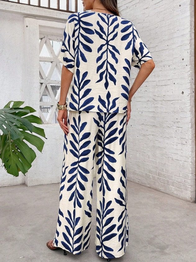 Women's Short Sleeve V-Neck Patterned Blouse and Trousers Two-Piece Set - Janes - by Peralane - photo 4