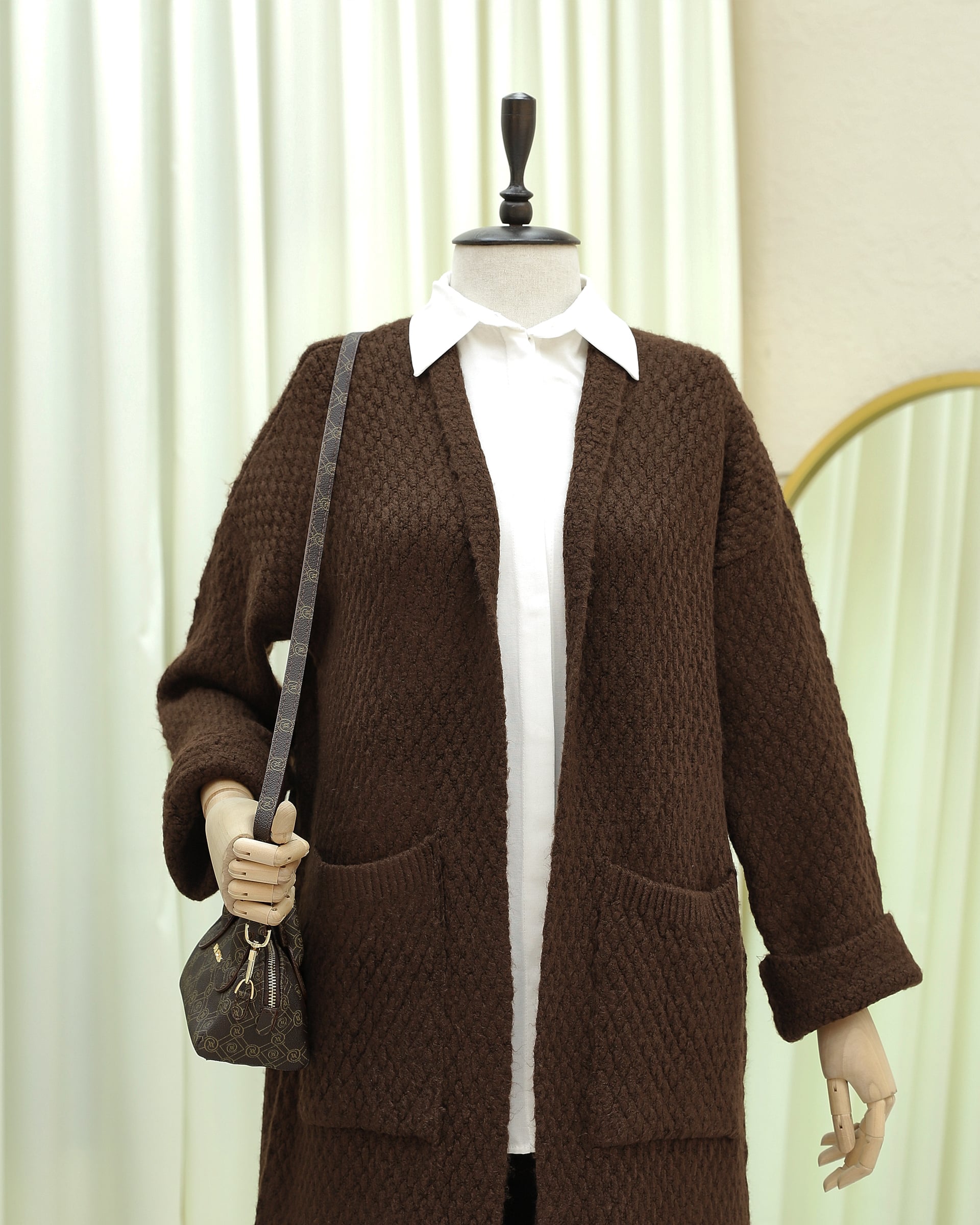 Long Knitted Cardigan with Pockets - Brown - Podyumplus - by Peralane - photo 4
