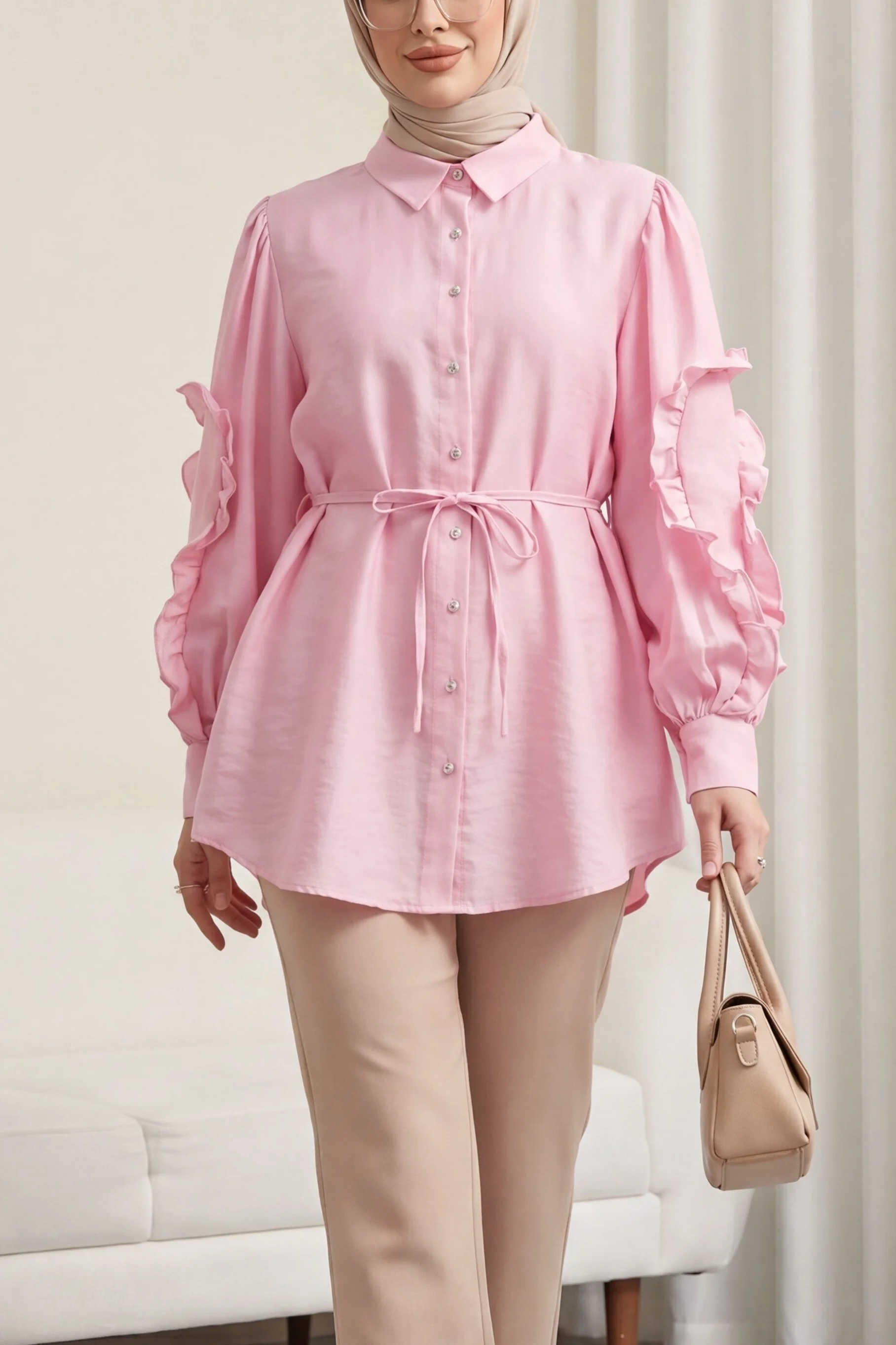 Women's Pink Ruffled Sleeve Button-Front Tie Blouse - Podyumplus - by Peralane
