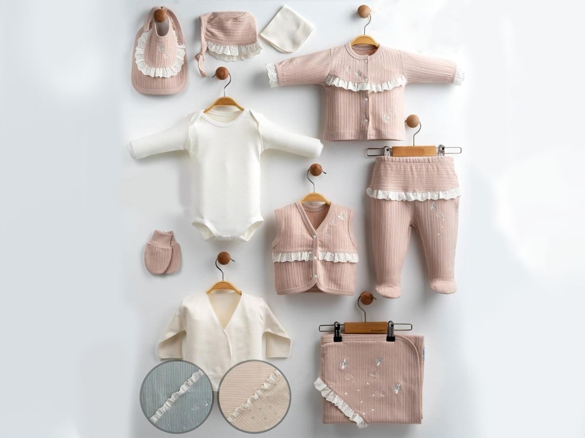 Butterfly Embroidered 10-Piece Girl Newborn Bodysuit Set in Dusty Rose - Gaye Bebe - by Peralane