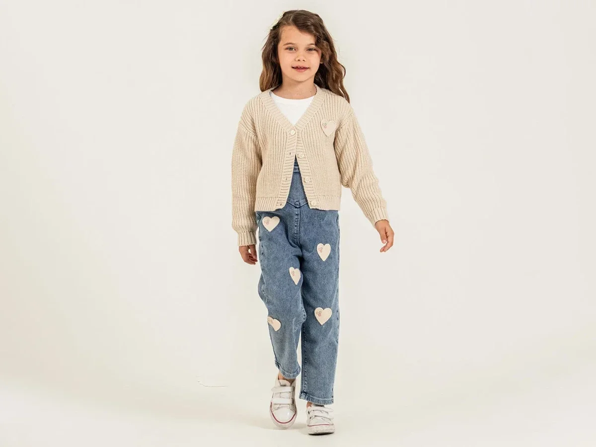 Girls' Knit Cardigan and Denim Overalls Set with Heart Embroidery - Pampal Kids - by Peralane