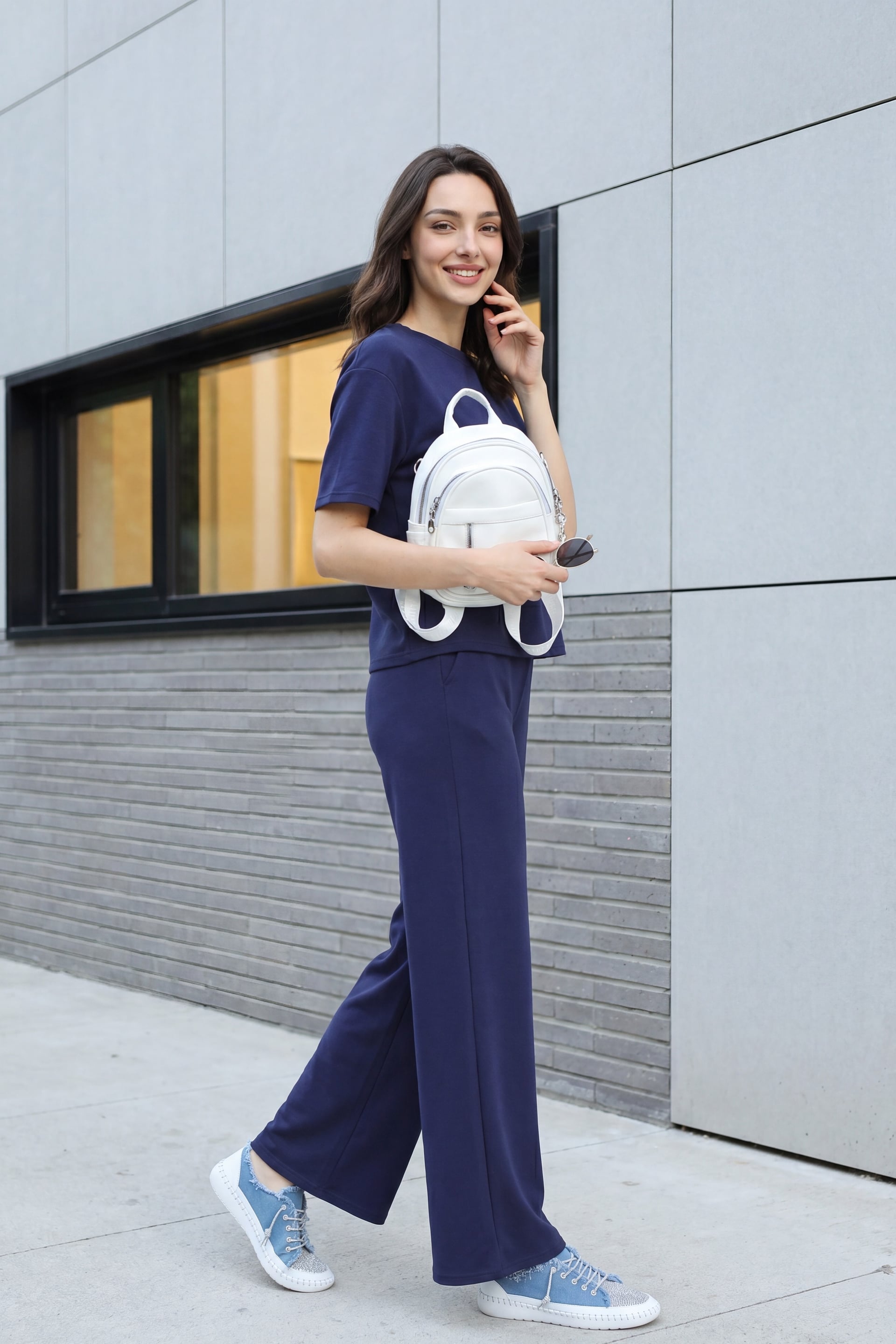 Navy Blue Crew Neck Short Sleeve T-Shirt and Wide-Leg Trousers Set - Podyumplus - by Peralane - photo 2