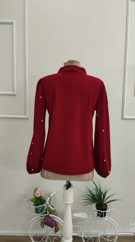 Women's Long-Sleeve Pussy-Bow Blouse with Pearl Embellishments - Maroon - Janes - by Peralane - photo 5