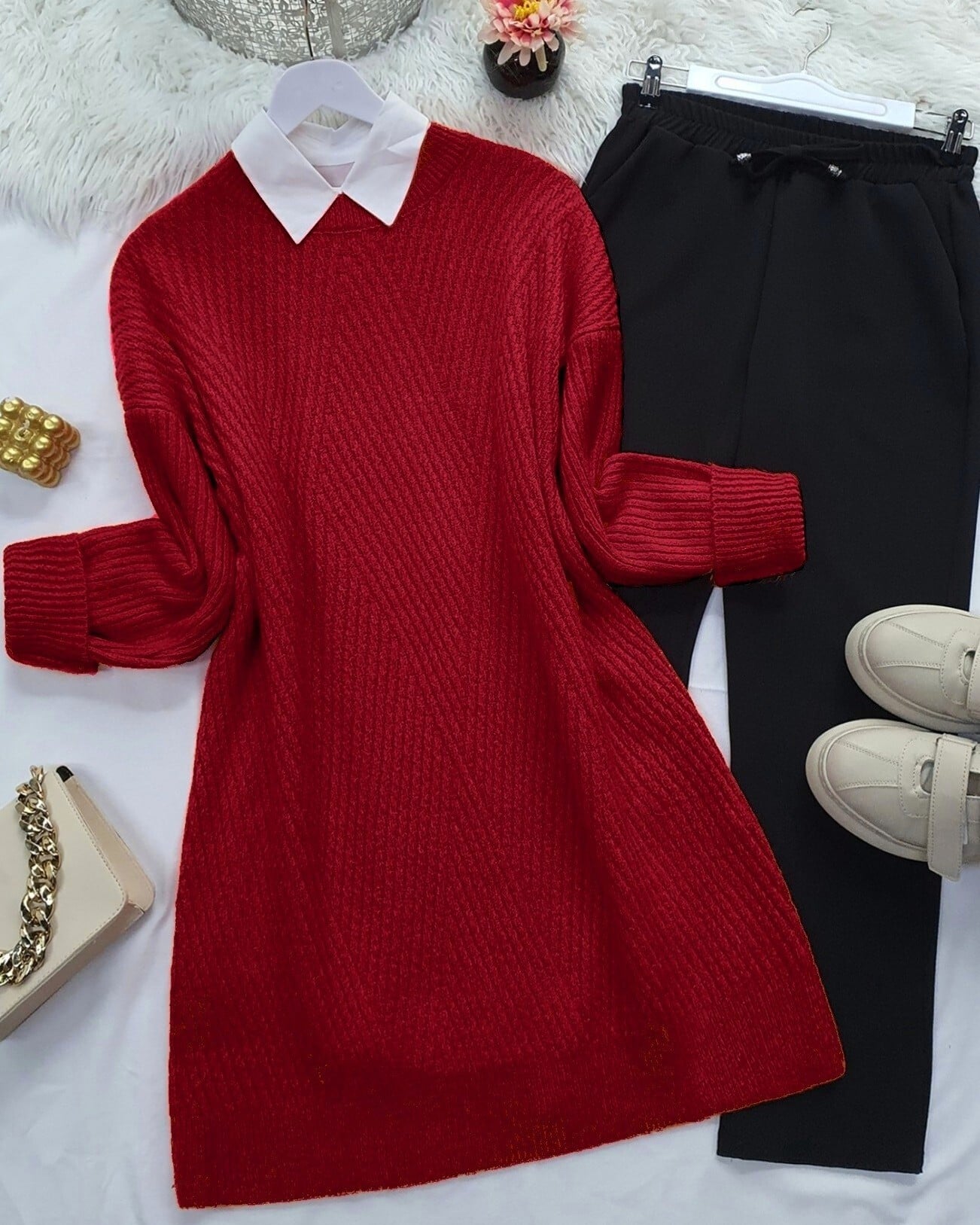 Red Knit Tunic with Black Trousers Set - Podyumplus - by Peralane - photo 2