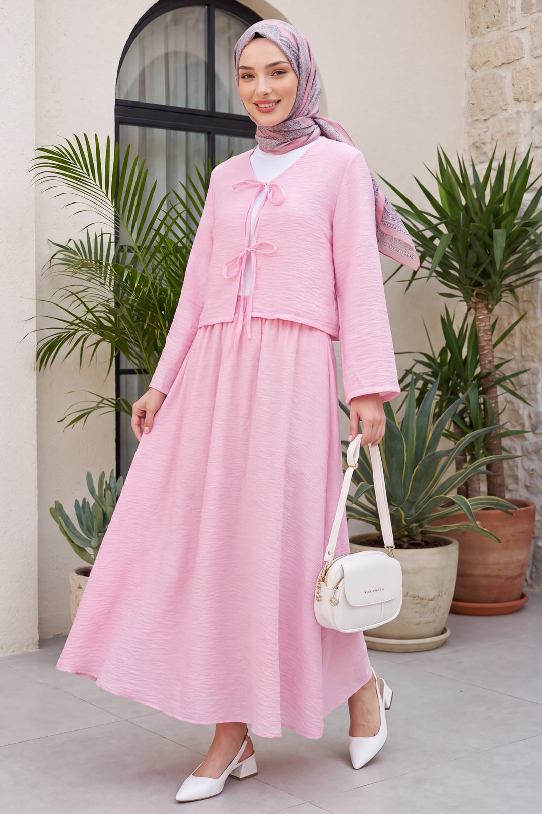 Lace-Up Front Skirt and Kimono Jacket Set - Pink - Podyumplus - by Peralane - photo 2