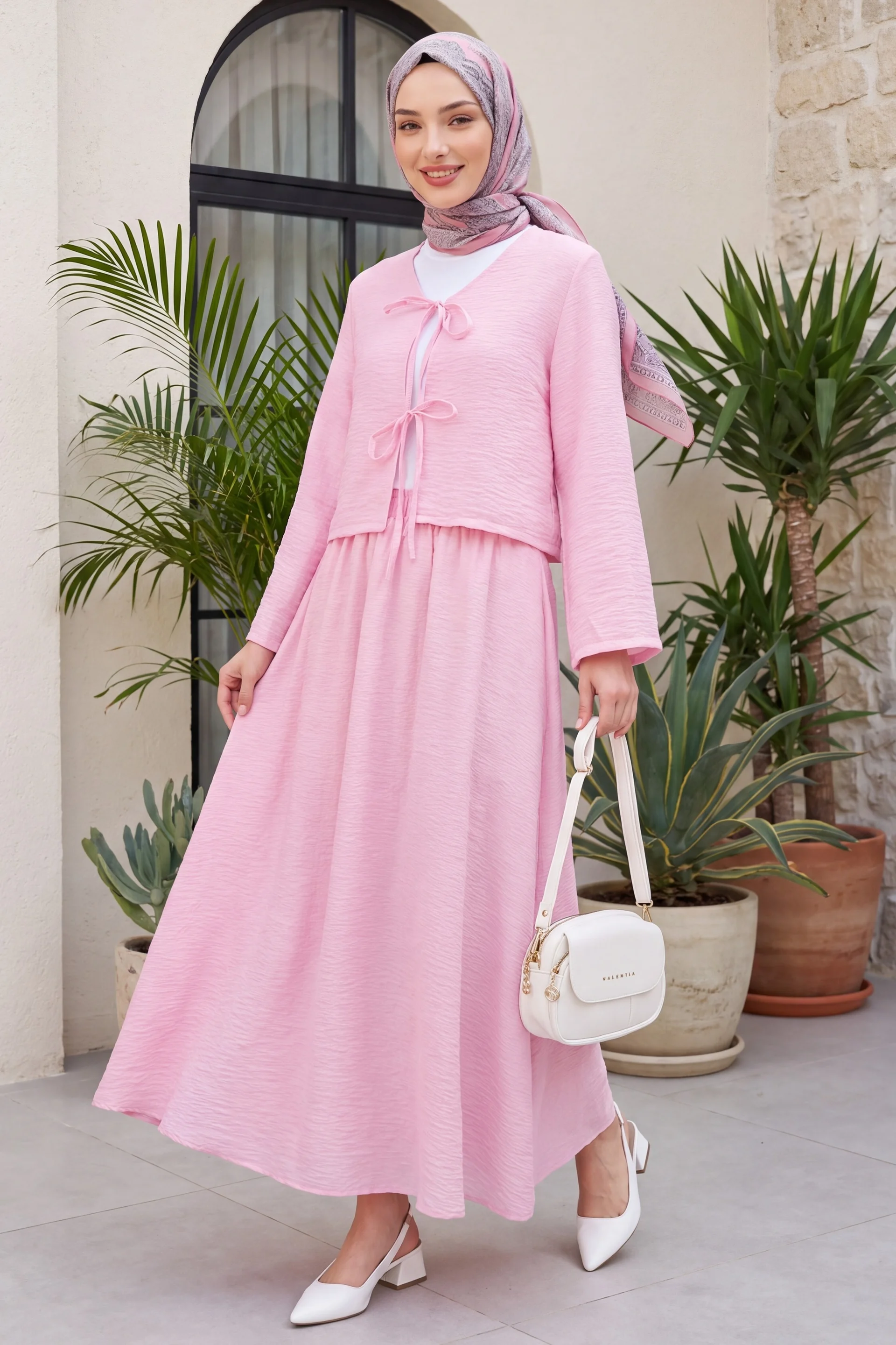Lace-Up Front Skirt and Kimono Jacket Set - Pink - Podyumplus - by Peralane - photo 2