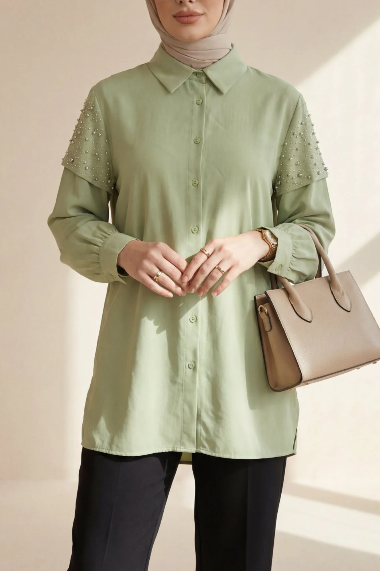 Stone Detail Slit Button Cupra Blouse - Green - Podyumplus - by Peralane