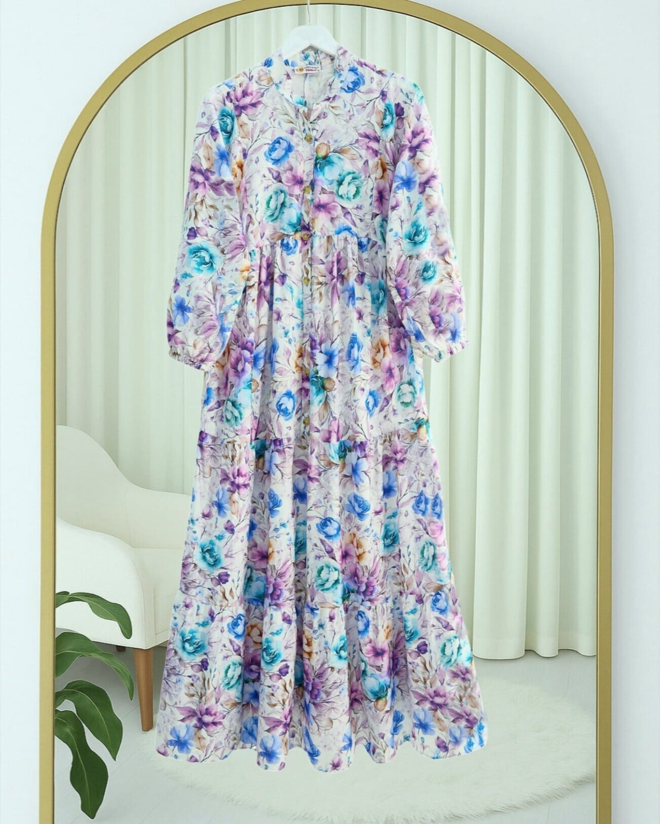 Mixed Floral Print Half-Button Tiered Dress - Blue - Podyumplus - by Peralane