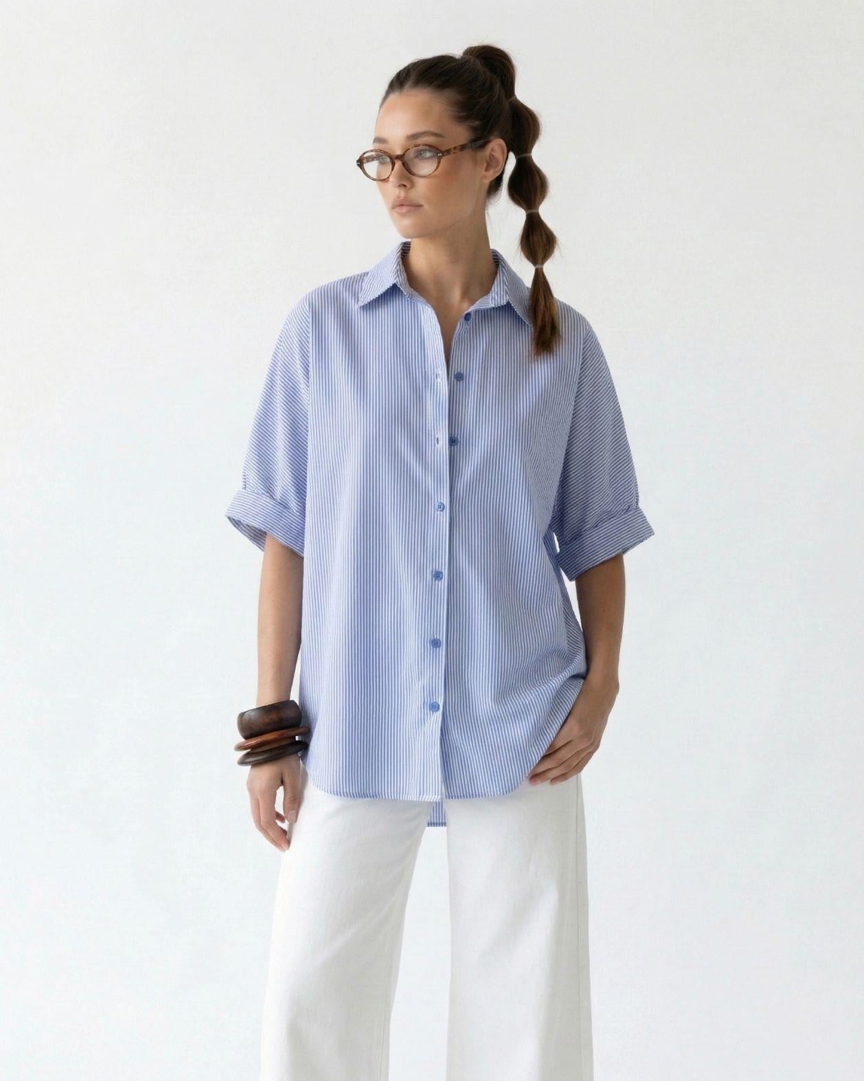 Women's Blue and White Pinstripe Cotton Blend Blouse - Fame - by Peralane - photo 5