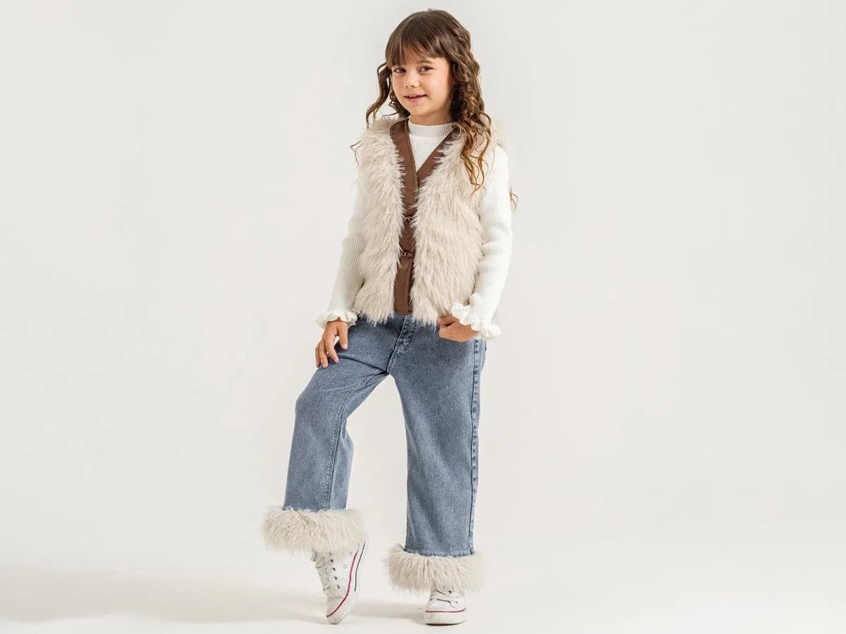 Striped Ruffled Knit Sweater, Faux Fur Vest and Denim Jeans Girl's 3-Piece Set - Beige - Pampal Kids - by Peralane