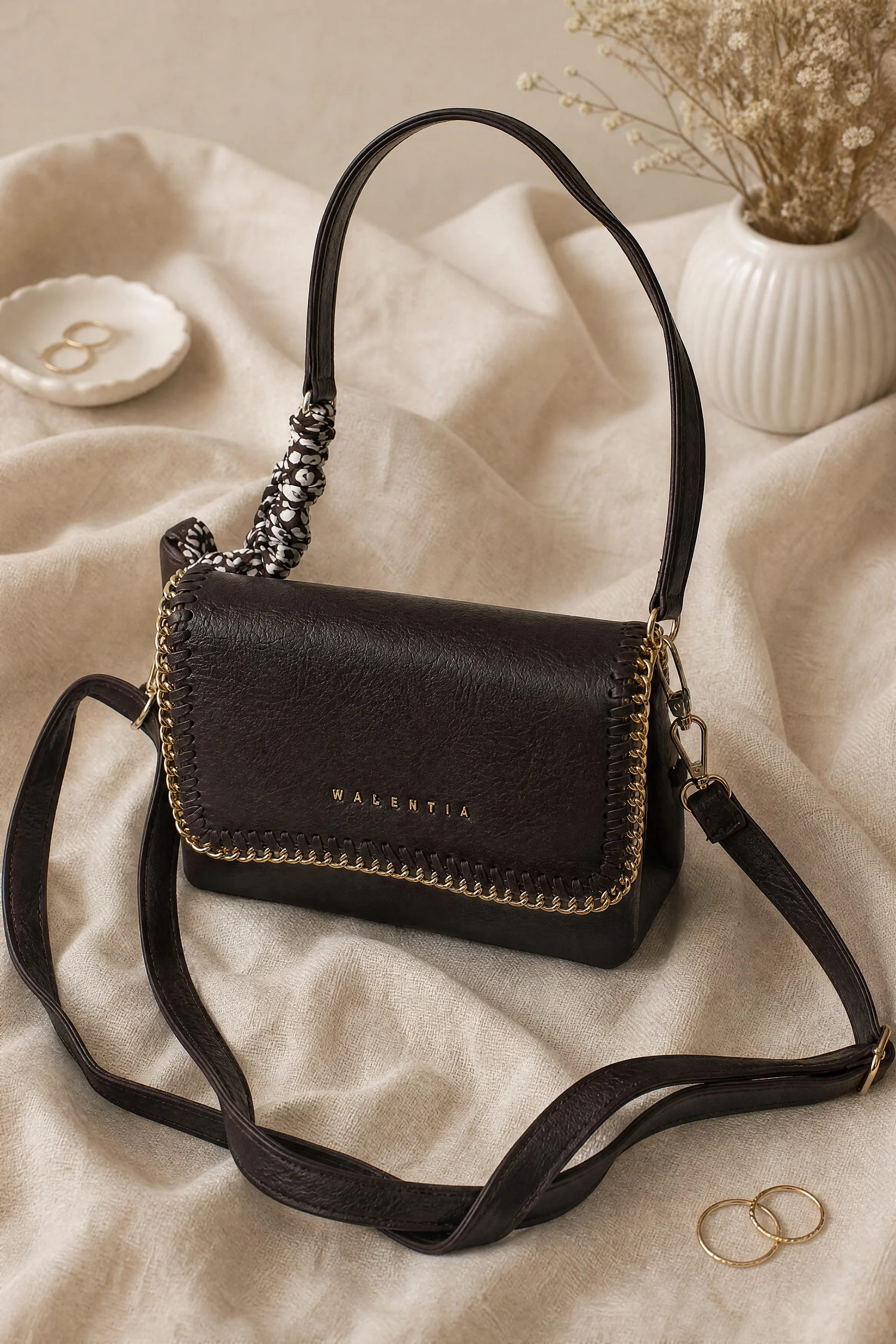 Brown Chain-Knit Flap Handbag with Scarf Detail and Compartments - Podyumplus - by Peralane