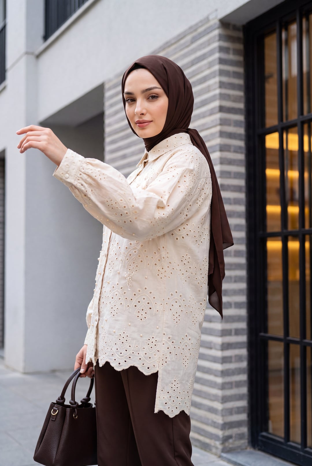 Organza Tulle Detail Pearl Button Long Back Scalloped Tunic - Beige - Podyumplus - by Peralane - photo 3