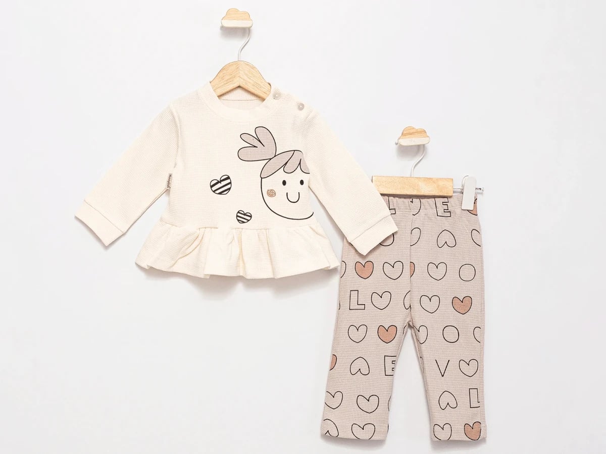 Girls' Baby Heart Print Sleepwear Set - Beige (Pack of 4) - Feely Kids - by Peralane